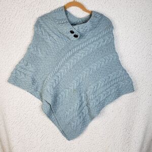 Aran Sweater Market Poncho Womens One Size Blue Wool Irish Knit Cottage Core